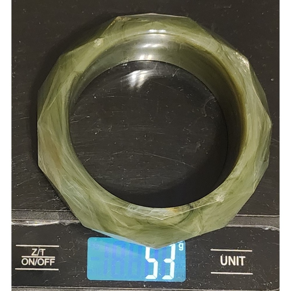 VTG Marbled Olive Green Faceted Chunky Bangle Bracelet 1in Wide Size 6 3/4" - Picture 4 of 8